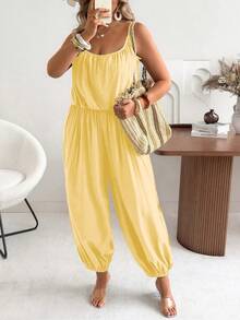 Mono de pierna ancha plisado elegante y casual de unicolor para tallas grandes - Amarillo - Ver 5