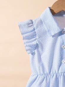 Elladie kids Conjunto de blusa de manga de volantes con lazo y espalda abierta con diseño de gota y pantalones cortos rectos casuales para niñas pequeñas, un atuendo versátil y dulce para el verano - Celeste - Ver 4