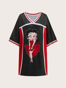 Slaydiva Betty Boop x SHEIN 2026春夏新款大码女装基本款休闲可爱黑红撞色V领宽松落肩超大短款连衣裙，卡通印花，适合假日穿着 - 彩色 - 查看 5