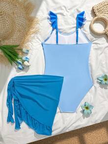 SHEIN 少女碎花荷叶边连体泳衣和裙子套装，时尚休闲 - 藍色 - 查看 2