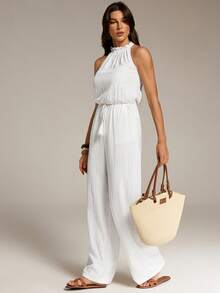 SHEIN Tall Mono de mujer con unicolor, cintura con borlas y atar, para vacaciones - Blanco - Ver 6