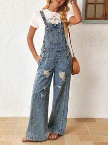 EMERY ROSE Bộ jumpsuit denim rách có túi dành cho nữ, kiểu dáng thường ngày, phong cách giản dị. - Màu xanh lam - Xem 7