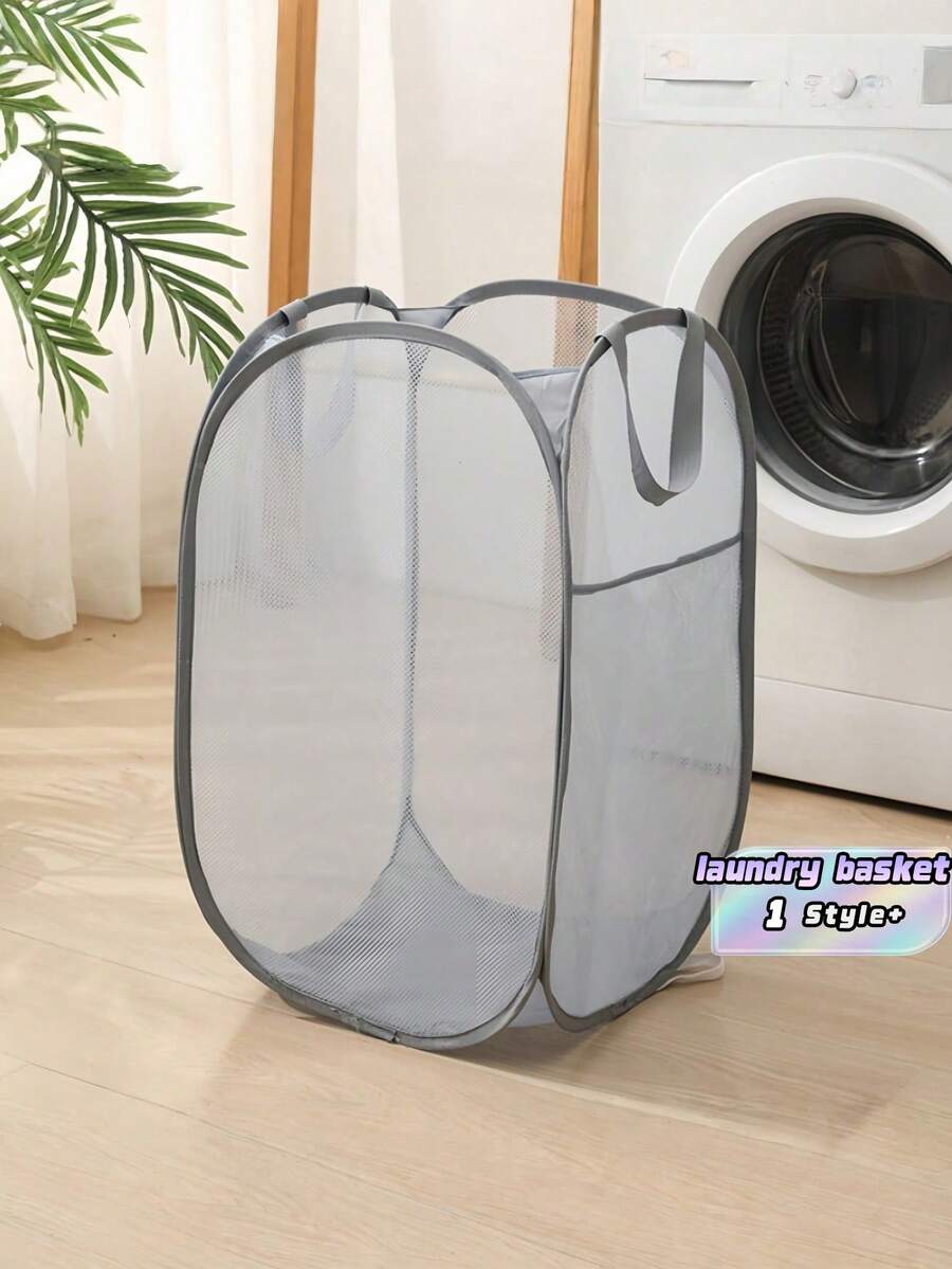 1 pieza Cesta de lavandería plegable de gran capacidad de malla, cesta de lavandería de malla de poliéster liso de gran tamaño, cesta de lavandería de unicolor, para almacenamiento de ropa, almacenamiento de artículos varios, ropa del hogar, pantalones, zapatos, jeans, botas, falda - Gris - Ver 1