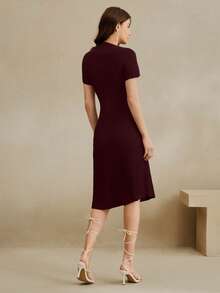 Anewsta Women's Turtleneck Asymmetric Ribbed Fitted Pullover Knit Dress, Elegant And Modest, Spring/Summer - Burgundy - View 3