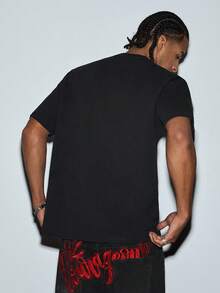 Modcrash Black T-Shirt With Red Graphic, Fashionable Short Sleeve Top For Summer - Red - View 2