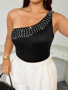 Vionelle Plus Size Women Fashion Rhinestone Embellished Sleeveless Top - Black - View 3