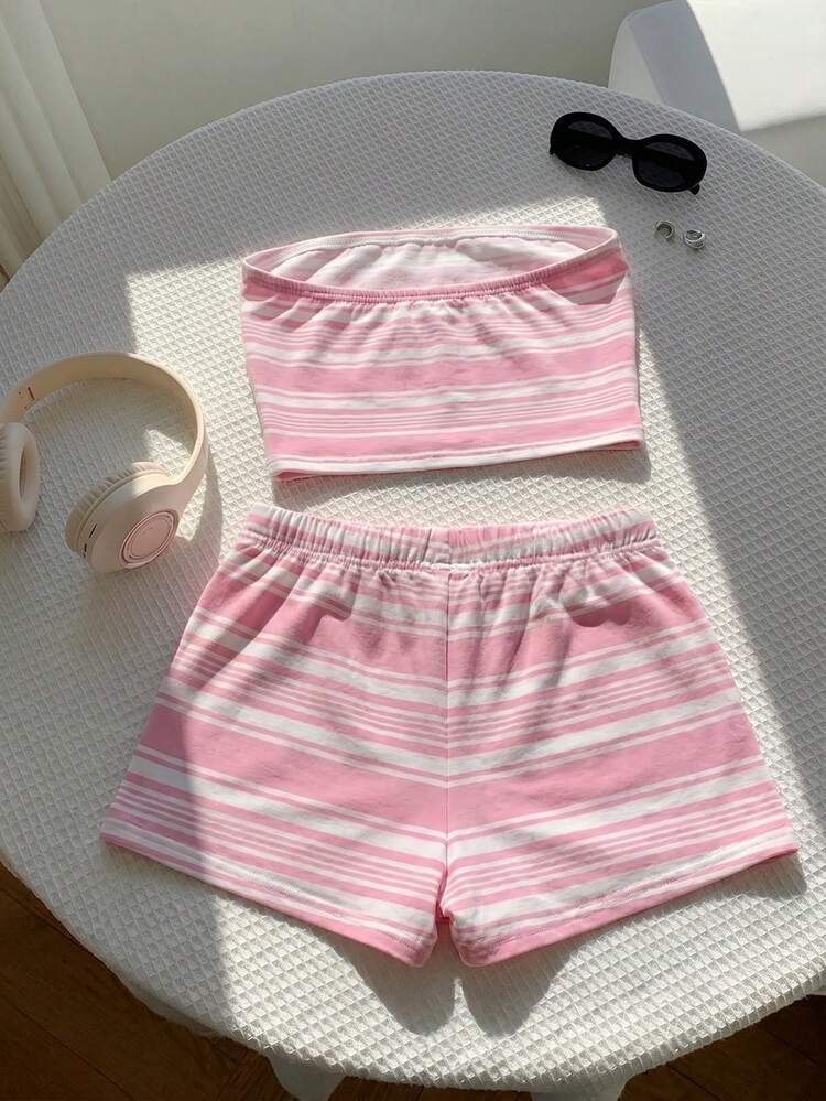 SHEIN Comfortcana Bộ áo quây và quần short kẻ sọc tương phản kiểu vintage dành cho nữ, thích hợp mặc đi biển, dạo phố, ở sân bay và ở nhà. - Nhiều màu - Xem 2