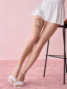 1pc Women's Printed Sheer Pantyhose With Bowknot Detail, Spring/Summer - Apricot - View 8