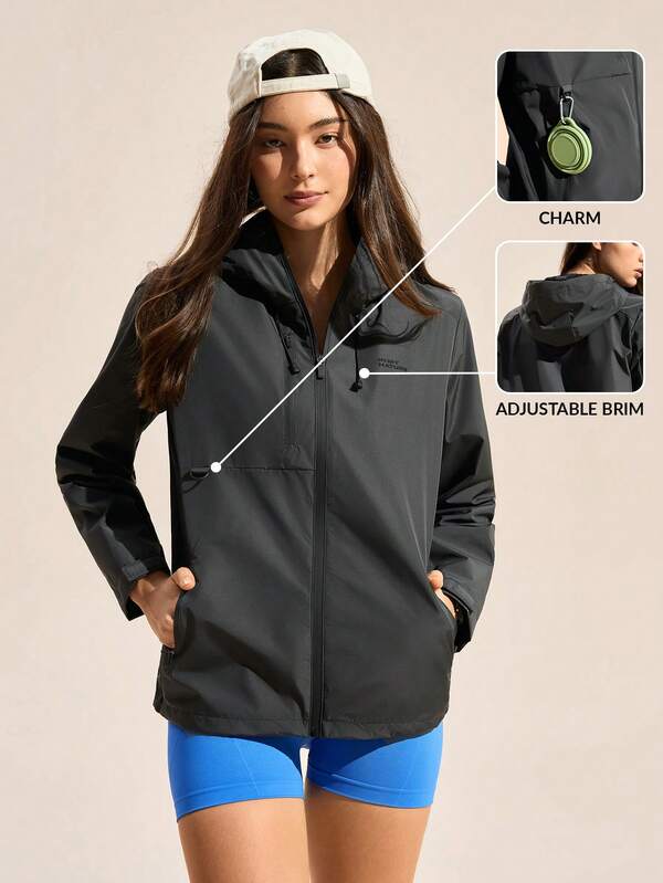 In My Nature Women's Solid Black Lightweight Hooded Zip Up Breathable Sun Protection Sports Jacket For Outdoor Running,Hiking&Camping,Autumn Athletic Gorpcore
