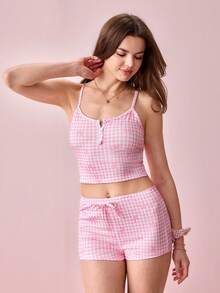 Bonmuse Pink Plaid Bow Print Decor White Button Casual Fashionable Slim Fit Pajama Setfor Summer - Pink - View 4