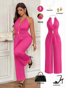 Femmeverse Jumpsuit Panjang Tanpa Lengan Leher V Seksi Tanpa Punggung untuk Wanita Ukuran Plus - Hot Pink - View 8