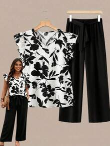 EMERY ROSE Plus Size Summer Casual Floral Print Shirt And Pants 2 Pieces Set Gym Brown - Black - View 1