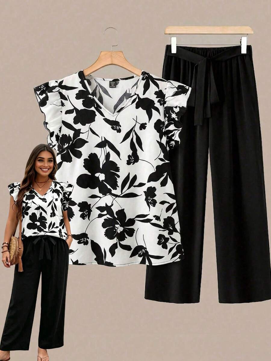 EMERY ROSE Plus Size Summer Casual Floral Print Shirt And Pants 2 Pieces Set Gym Brown - Black - View 1