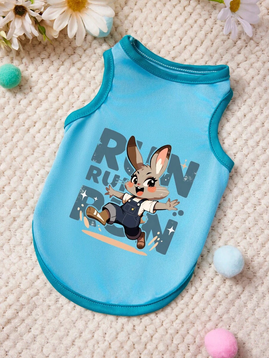 PETSIN 1 chiếc áo tank top cho thú cưng in chữ hình thỏ vui vẻ, màu xanh dương, kiểu dáng thường ngày, mềm mại, thoáng khí, chống rụng lông. - Màu xanh lam - Xem 1