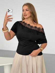 Auralis Plus Size Summer Casual Curve Elegant Solid Color Lace Patchwork Asymmetrical Shoulder Bodycon T-Shirt Trim Black For Women Off Cocktail - Black - View 4