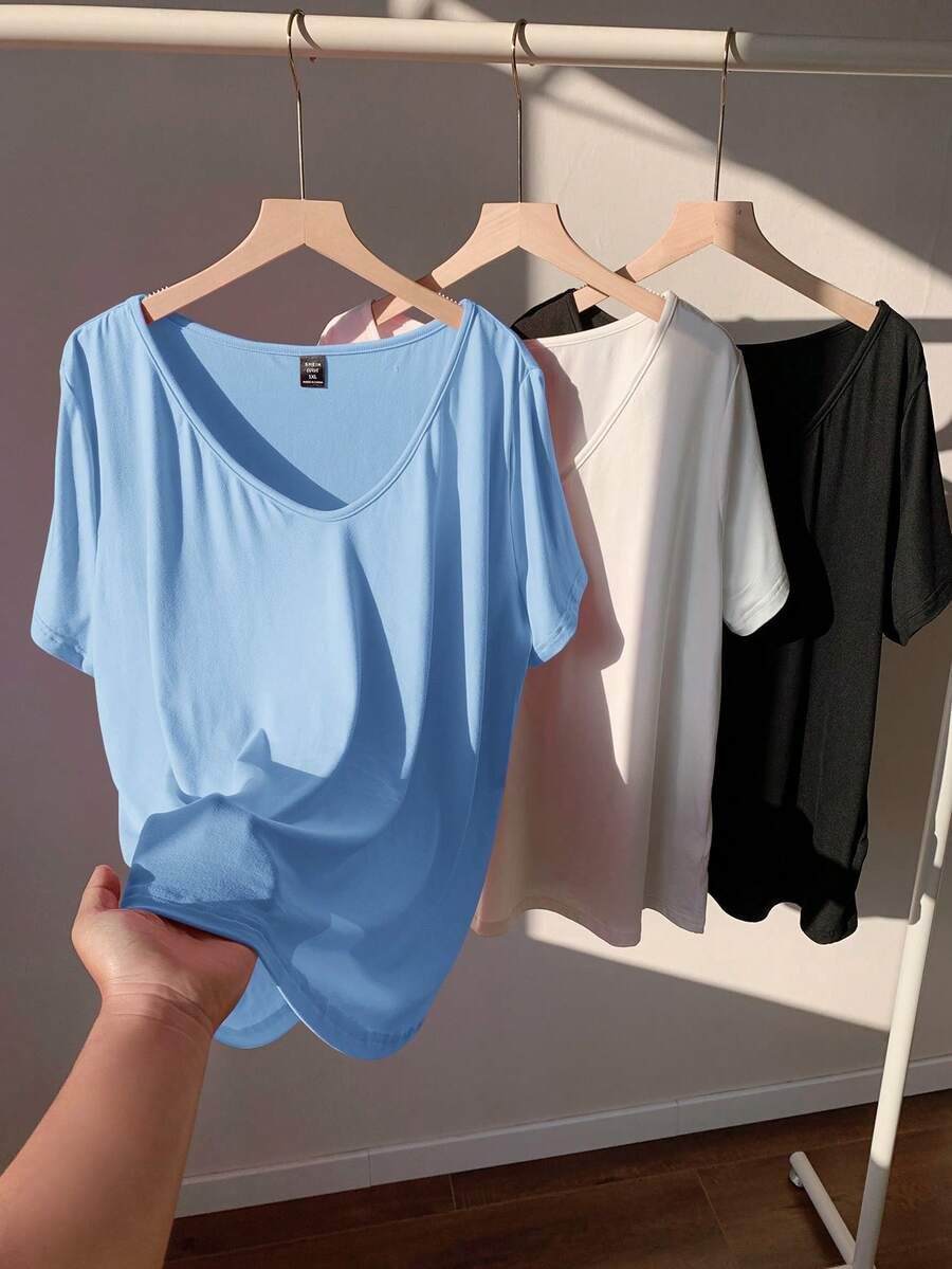 SHEIN EZwear 3件套V领柔软休闲短袖T恤,白色+黑色+浅蓝色,春夏大码基础款T恤 - 淺藍色 - 查看 1