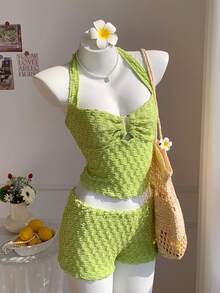 Comfortcana Solid Color Backless Halter Top And Super Short Shorts Set, Spring/Summer Golf White Sexy - Green - View 3