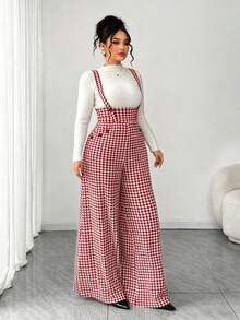 SHEIN Tall CURVE Bộ áo liền quần ống rộng họa tiết kẻ caro có túi dành cho nữ cỡ lớn - Đỏ - Xem 6