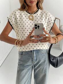 Serisse Women's Polka Dot Pattern Casual Knit Top - Black and White - View 3