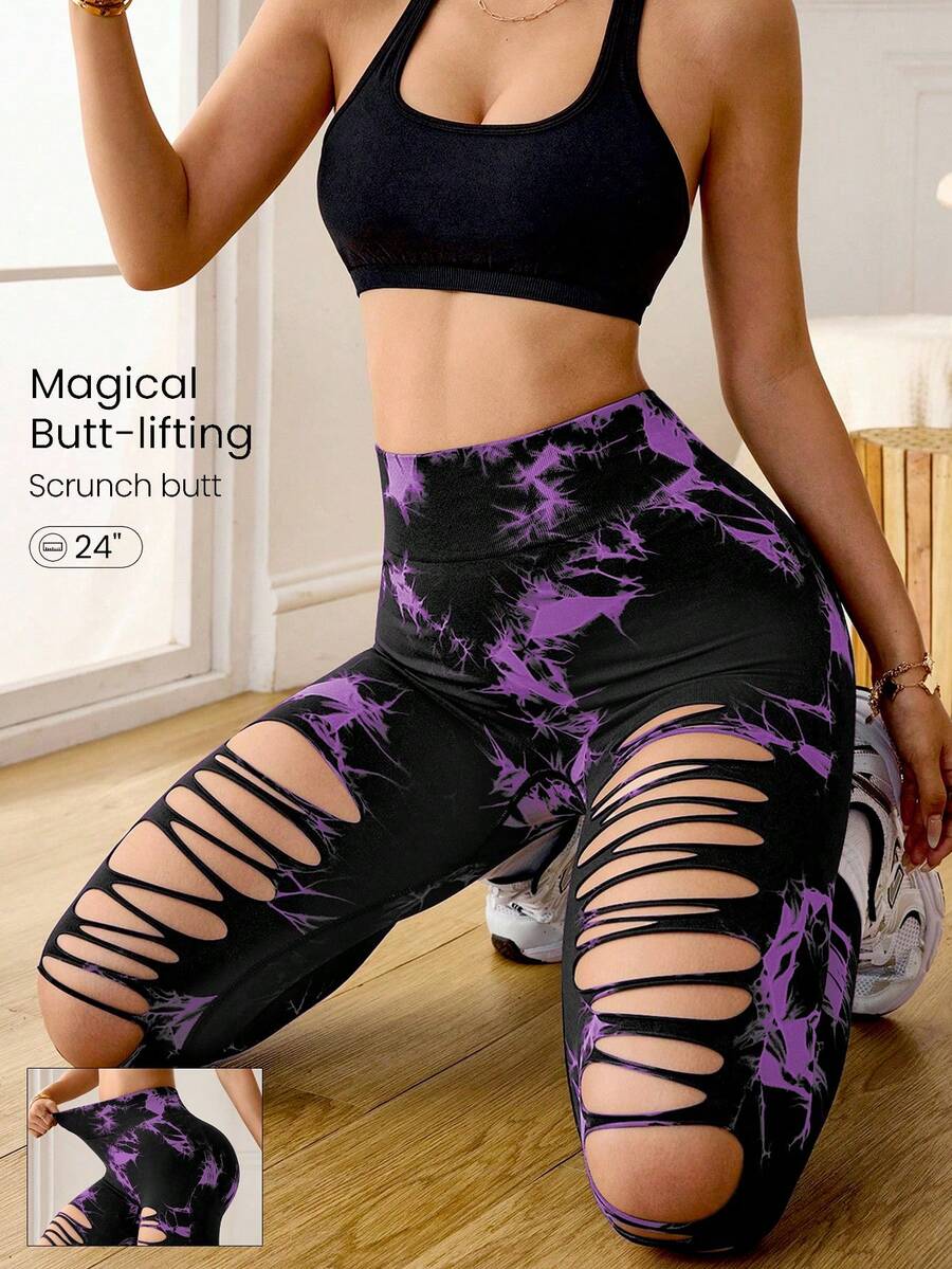 Slayform Women's Contrast Color Ripped Casual Versatile Daily Wear Sports Leggings - Black and Purple - View 1