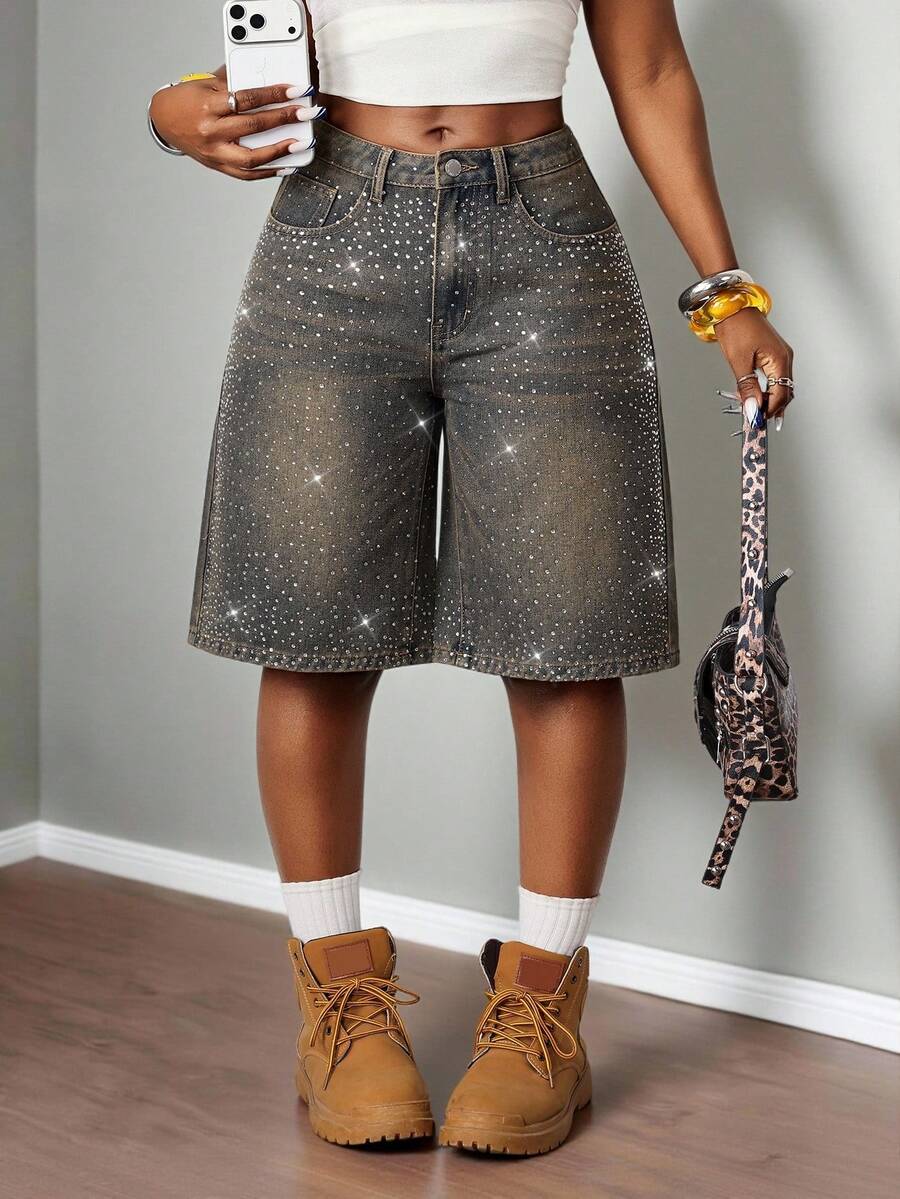 SHEIN Slayr Quần short denim nữ mùa hè kiểu dáng thường ngày, đính đá lấp lánh. - Rửa trung bình - Xem 1
