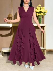 Feyla Vestido de verano elegante de unicolor con volantes en la cintura para mujer - Rojo violeta - Ver 5