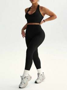 Dewbera Dewbera Plus Size Women Sexy Minimalist Solid Color Backless Halter Top And High Waist Leggings Sports Suit - Black - View 7