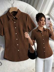 Xyvia Kemeja Kasual Musim Panas Warna Polos dengan Belahan Samping dan Hem Melengkung - Coffee Brown - View 6