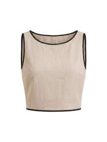 Ellevyn Bộ đồ nữ mùa hè kiểu dáng thường ngày, áo tank top cổ tròn phối viền tương phản và quần short (2 món) - Màu be - Xem 2