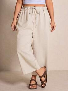 Elaquor Pantalones casuales de talla grande de unicolor con nudo - Albaricoque - Ver 3