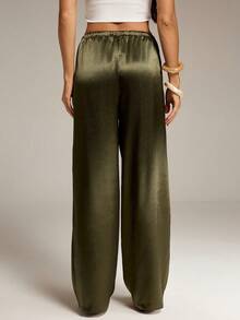 SHEIN Tall Quần dài ống rộng màu xanh lá cây bằng vải satin dành cho nữ, kiểu dáng thường ngày, quần lụa, quần satin, quần lụa xanh lá cây, quần satin xanh lá cây, quần màu xanh ô liu, kiểu dáng thường ngày. - màu xanh lá - Xem 2