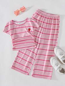 THE HAPPY LOOK Young Girl Light Pink Striped Knit Strawberry Embroidered Short Sleeve Top & Matching Pants Set,Summer Family Vacation Holiday Casual Elegant Outfit - Multicolor - View 5