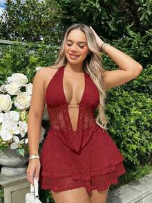 SHEIN SXY Plus Size Draped Neck Backless Top And Skirt 2 Pieces Set, Red Beach Vacation Summer Sexy - Burgundy - View 3