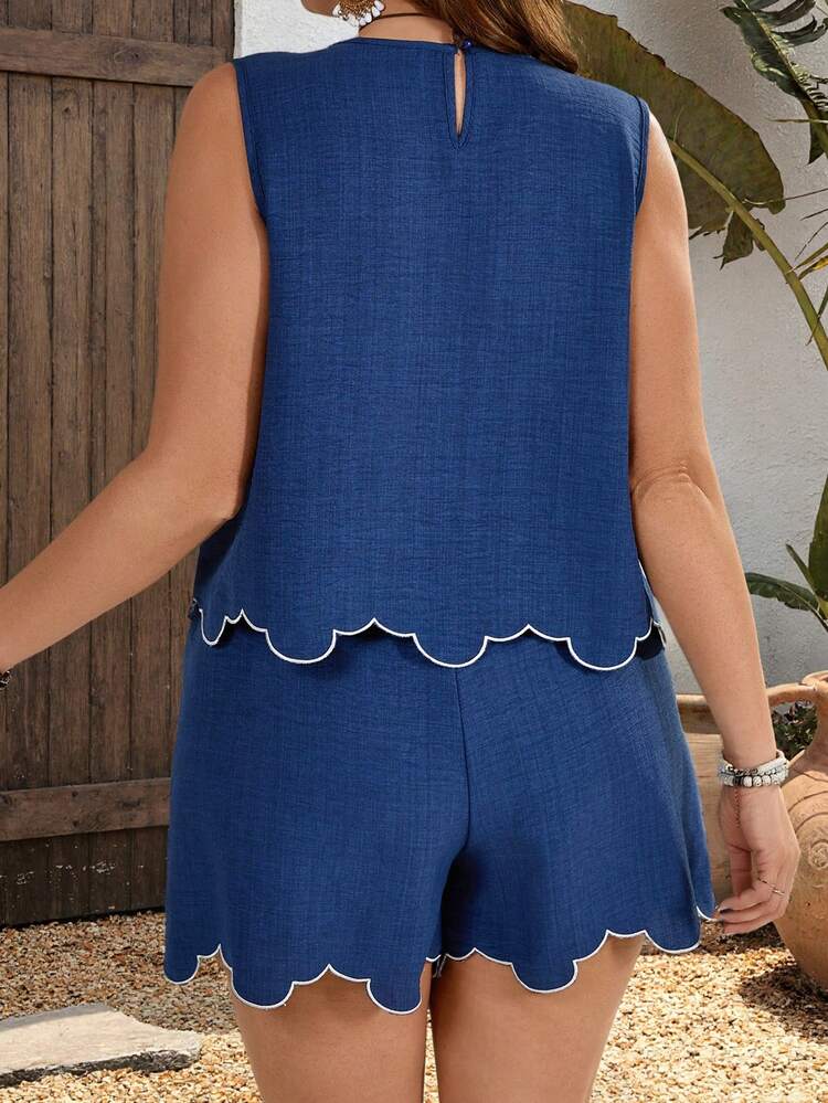 Plus Size Women Summer Vacation Casual Navy Blue Floral Embroidered Sleeveless Shirt Top And Shorts 2 Piece Set