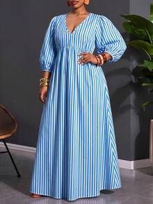 SHEIN CURVE+ Plus Size Women's Casual Beach Vacation Striped Print Deep V-Neck Lantern Sleeve Waist Tie Dress, Spring/Summer/Autumn - Blue - View 5