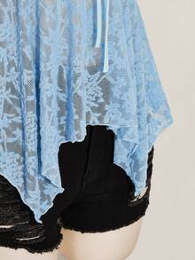SHEIN ICON Plus Size Solid Color Lace Patchwork Front Drawstring Tie Camisole Top, Asymmetric Hem, Y2K Style, Suitable For Summer - Baby Blue - View 8