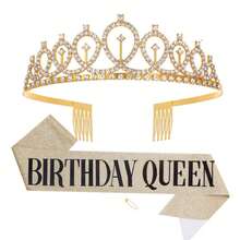 Set de 2 piezas Faja de Reina de Oro Rosa y Dorado y Plateado & Tiara con Rhinestones - Conjunto de Faja Brillante y Tiara Brillante para Niñas de Cumpleaños - Multicolor - Ver 9