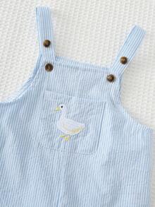 Cozy Pixies Bộ 2 món cho bé trai mùa hè, kiểu dáng thường ngày, thích hợp đi nghỉ mát và du lịch, gồm quần yếm và mũ in họa tiết vịt hoạt hình dễ thương, kẻ sọc. - Xanh và trắng - Xem 5