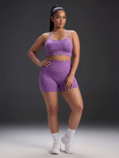 Powerista Plus Size Women's Elastic Zebra Print Seamless Camisole And Shorts Sports Set, Summer