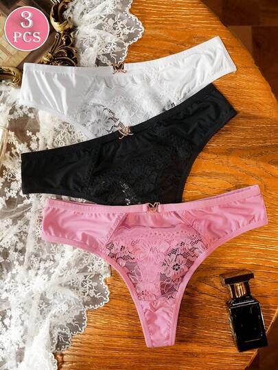 SHEIN 3 chiếc quần lót nữ màu trơn, gợi cảm, phối ren hoa, viền ren lượn sóng.