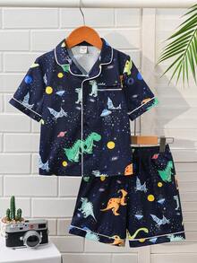 SHEIN Piyama Rajut Musim Panas Anak Laki-Laki 2 Potong Motif Dinosaurus Kartun Lucu Bercahaya, Cocok untuk Musim Semi dan Musim Panas di Rumah - MultiWarna - View 5