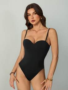 SHEIN Tall Áo ngực bodycon đen gợi cảm dành cho nữ mùa thu/đông, kiểu dáng thời trang, phù hợp cho hẹn hò, đi club, đi chơi, áo đón năm mới, áo corset ôm sát, áo Giáng sinh, áo liền thân đen, quần áo mùa đông cho nữ. - màu đen - Xem 6