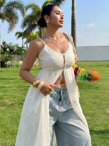 Dazy Plus Plus Size Solid Color Maxi Length Split Textured Embroidered Fabric Elegant Summer Vacation Camisole Top - White - View 9
