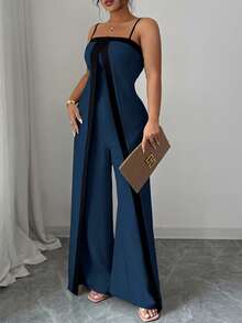 Elenzga Mono informal de pierna recta de talla grande con contraste de color para mujeres - Agua verde azul - Ver 4