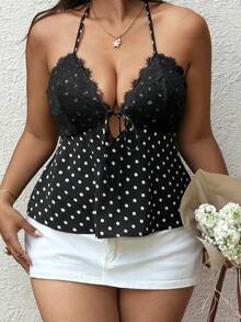 Sunnyshic Black Polka Dot Floral Lace Patchwork V-Neck Spaghetti Strap Backless Sexy Camisole - Black - View 6
