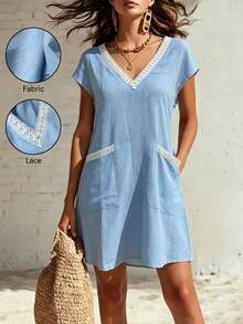 Breezaya Damen Sommer Französischer Stil Lässig Komfortables Design Weißes Spitzen-Patchwork V-Ausschnitt Locker Kurzes Blaues Lässig Kleid - Blau - Übersicht 1