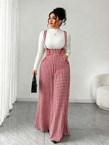 SHEIN Tall CURVE Bộ áo liền quần ống rộng họa tiết kẻ caro có túi dành cho nữ cỡ lớn - Đỏ - Xem 1