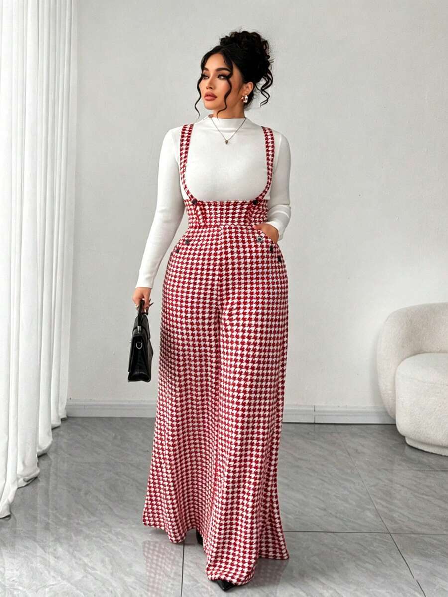 SHEIN Tall CURVE Bộ áo liền quần ống rộng họa tiết kẻ caro có túi dành cho nữ cỡ lớn - Đỏ - Xem 1