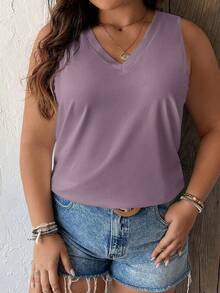 Calvaya Plus Size Solid Color V-Neck Sleeveless Tank Top, Versatile For Summer - Purple - View 3