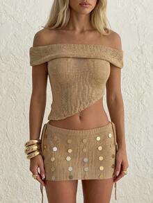 Aloruh Khaki Summer Chic Sexy Holiday Vacation Bombshell Y2K Music Festival Party Gold Beaded Sheer Off-Shoulder Cinched Waist Asymmetrical Knit Top - Gold - View 10